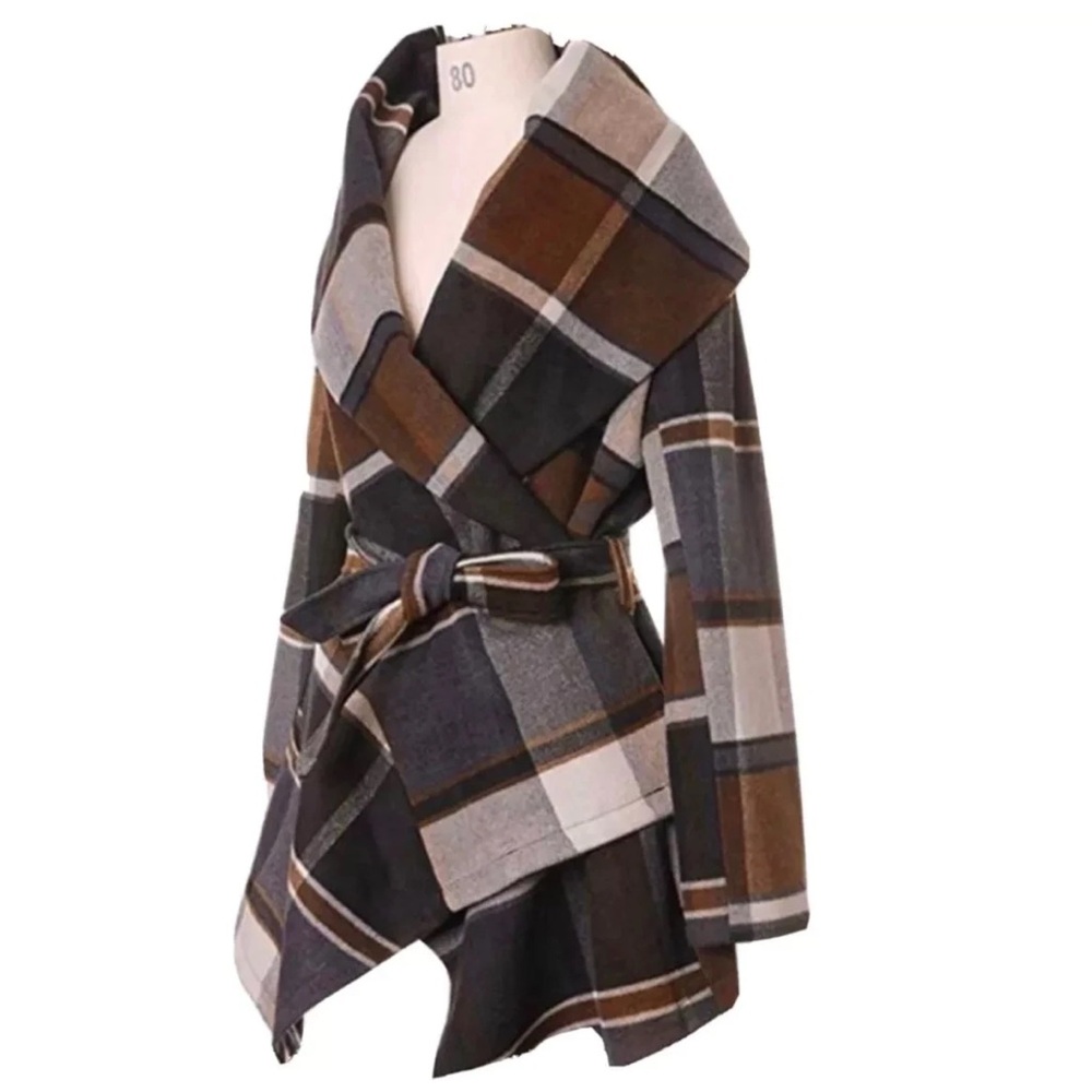 ChicWish Prairie Check Rabato Plaid Wool Blend Coat Jacket Shawl Collar Belt